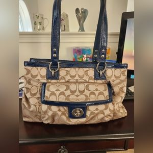 Coach Khaki/Tan and Navy Signature Fabric Purse